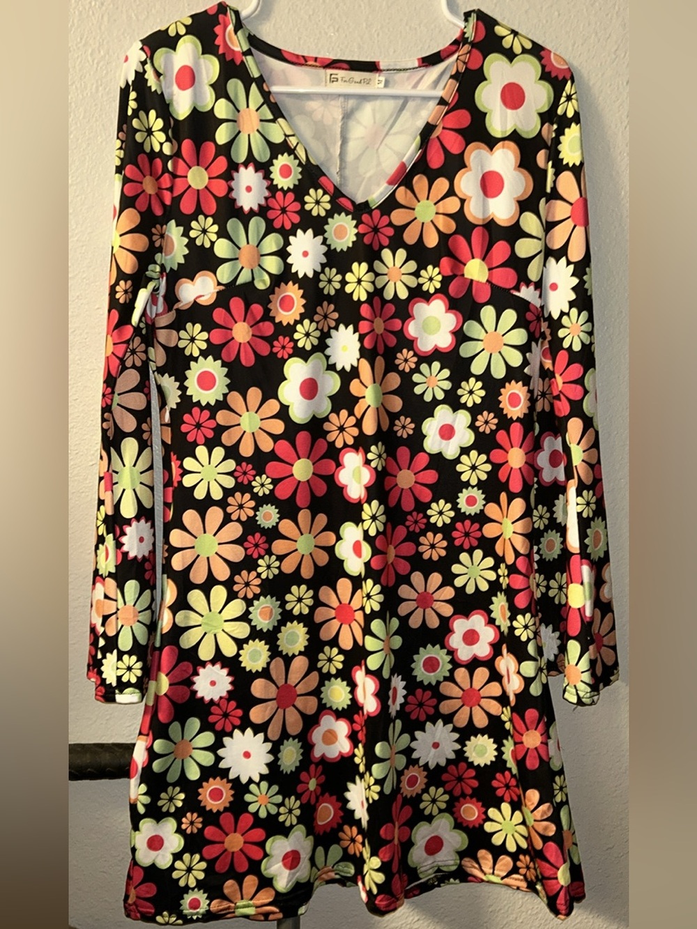 Floral V-Neck Long Sleeve Dress - Black with Multi-Color Flowers